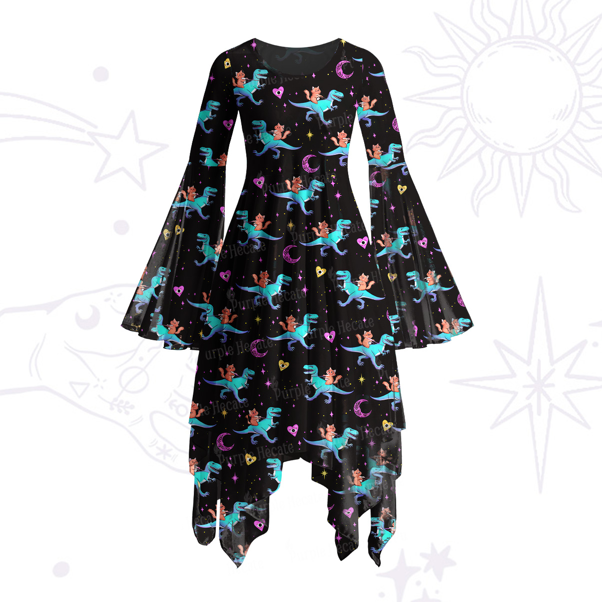 Purplehecate Witch Cat Rides the Dino Bell Sleeve Dress