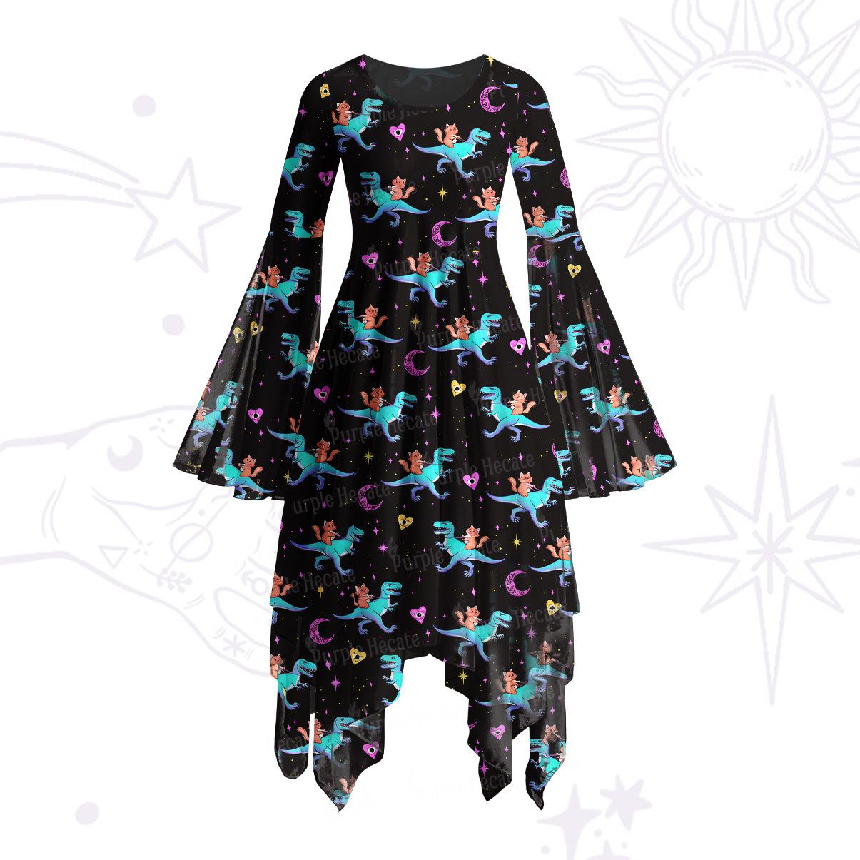 Purplehecate Witch Cat Rides the Dino Bell Sleeve Dress