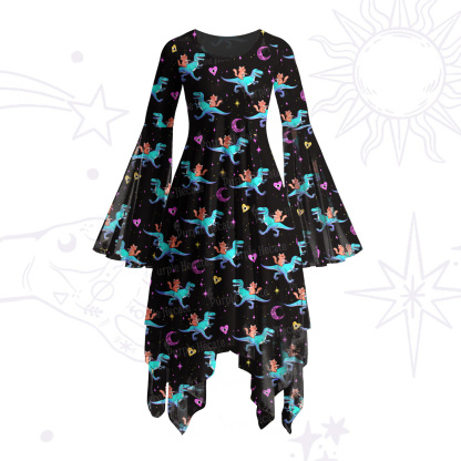 Purplehecate Witch Cat Rides the Dino Bell Sleeve Dress