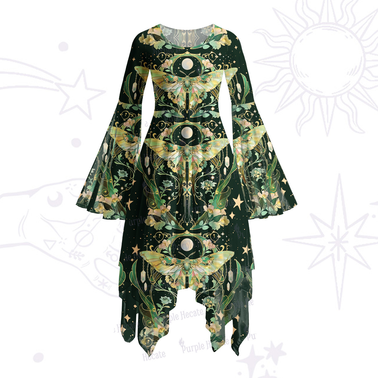 Purplehecate Moon Moth Rave Bell Sleeve Dress