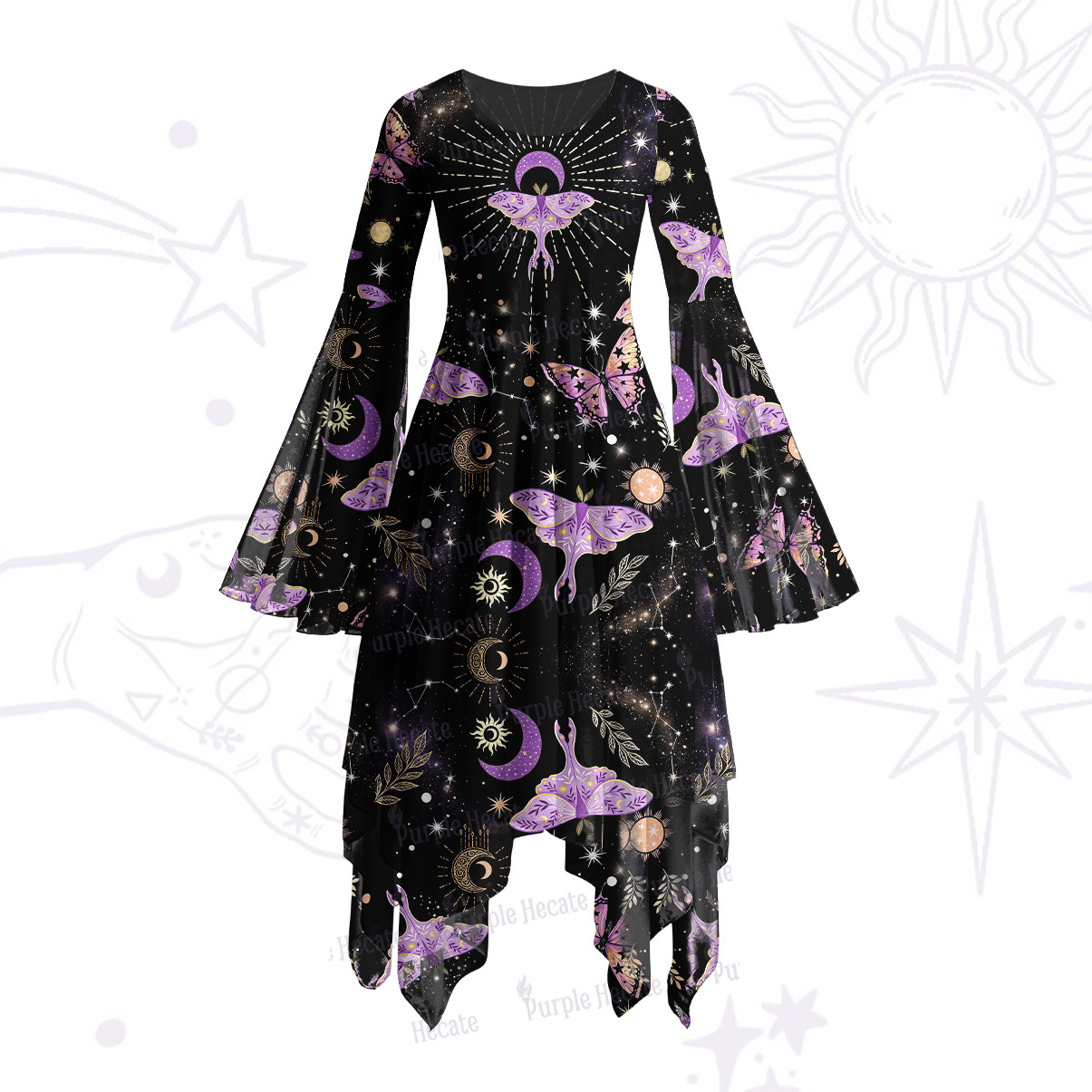 Purplehecate Starry Night Lunar Moth Bell Sleeve Dress