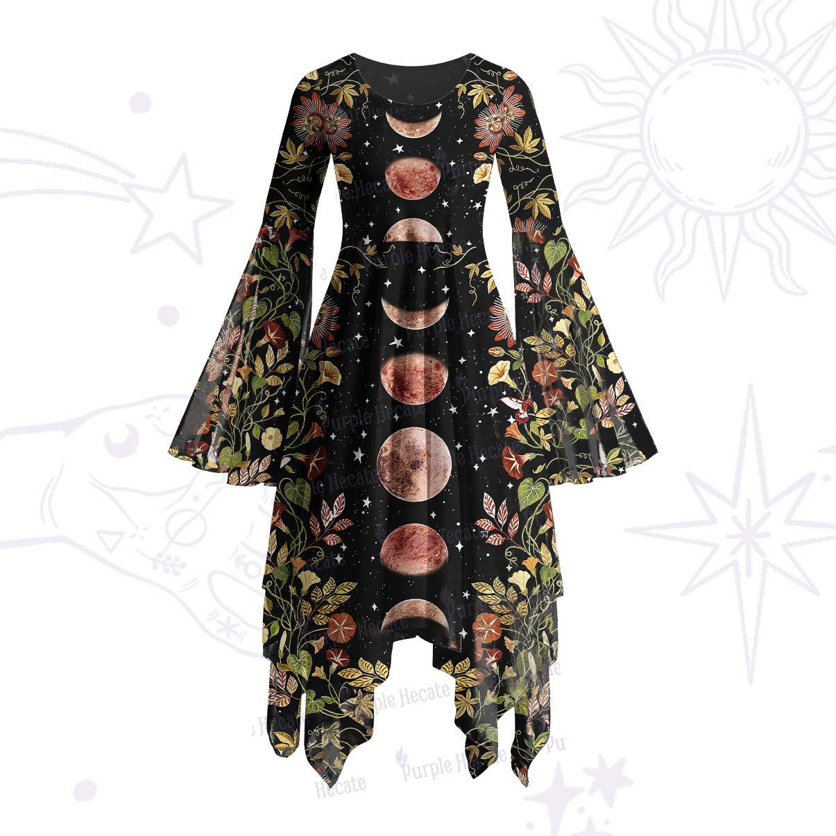 Purplehecate Moon Phase Floral Bell Sleeve Dress