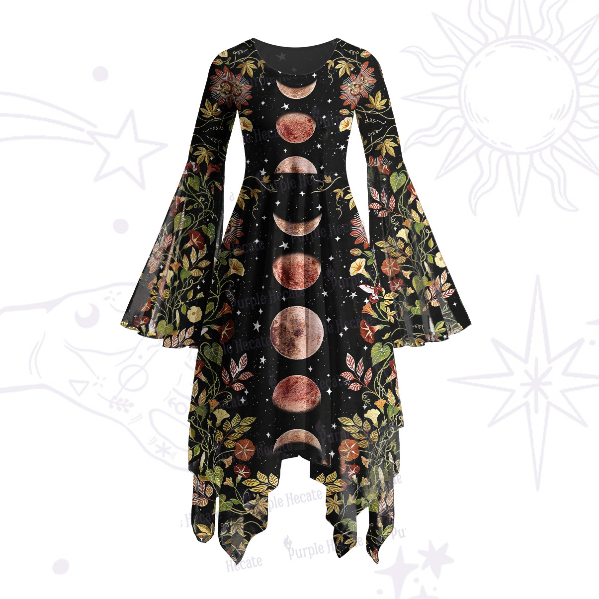 Purplehecate Moon Phase Floral Bell Sleeve Dress