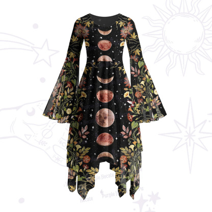Purplehecate Moon Phase Floral Bell Sleeve Dress