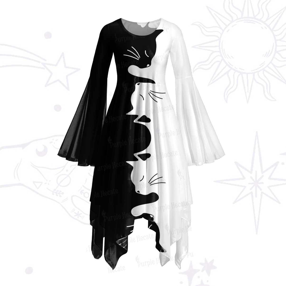 Purplehecate Yin Yang Cat Lover Bell Sleeve Dress