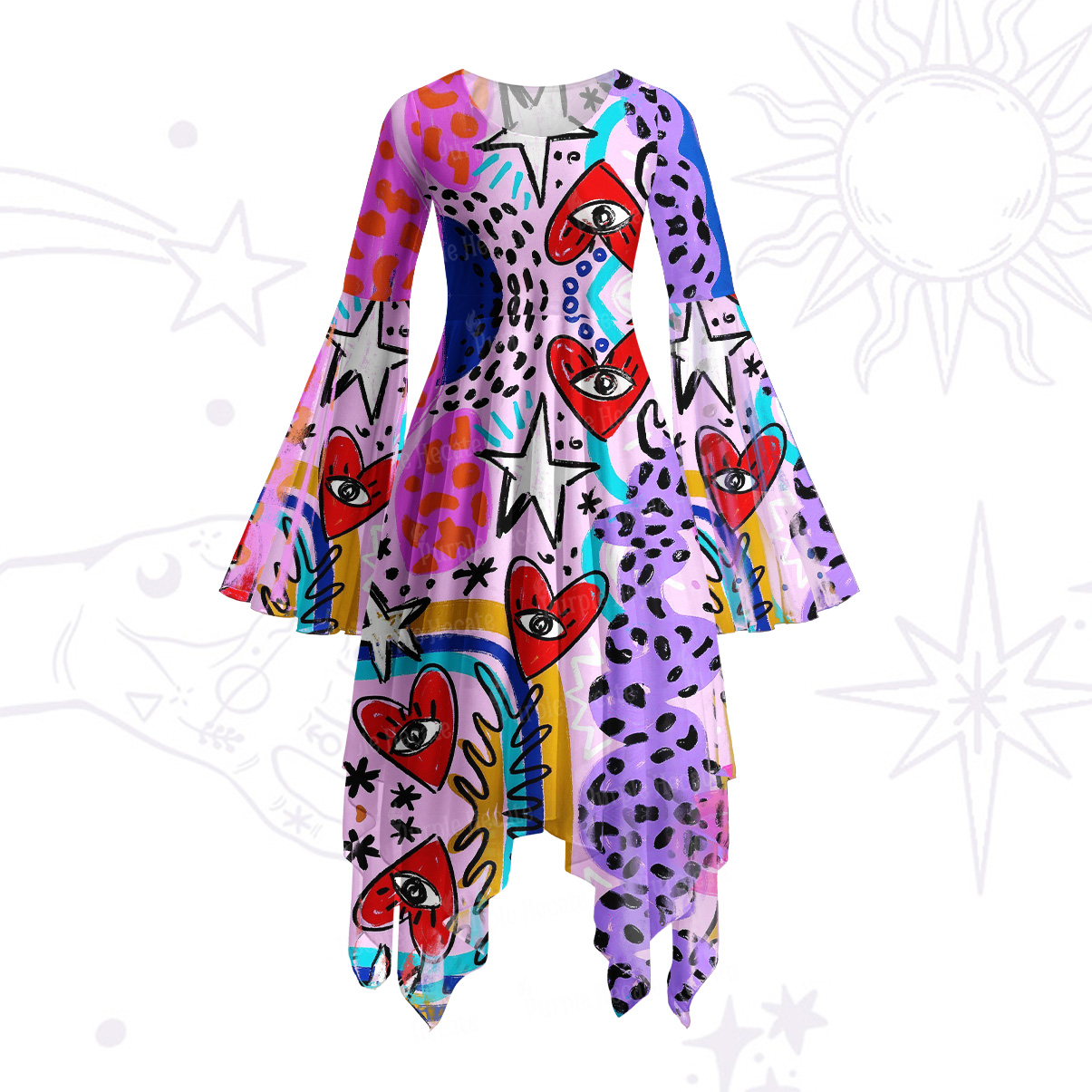 Purplehecate Cosmic Love Eyes Graffiti Bell Sleeve Dress
