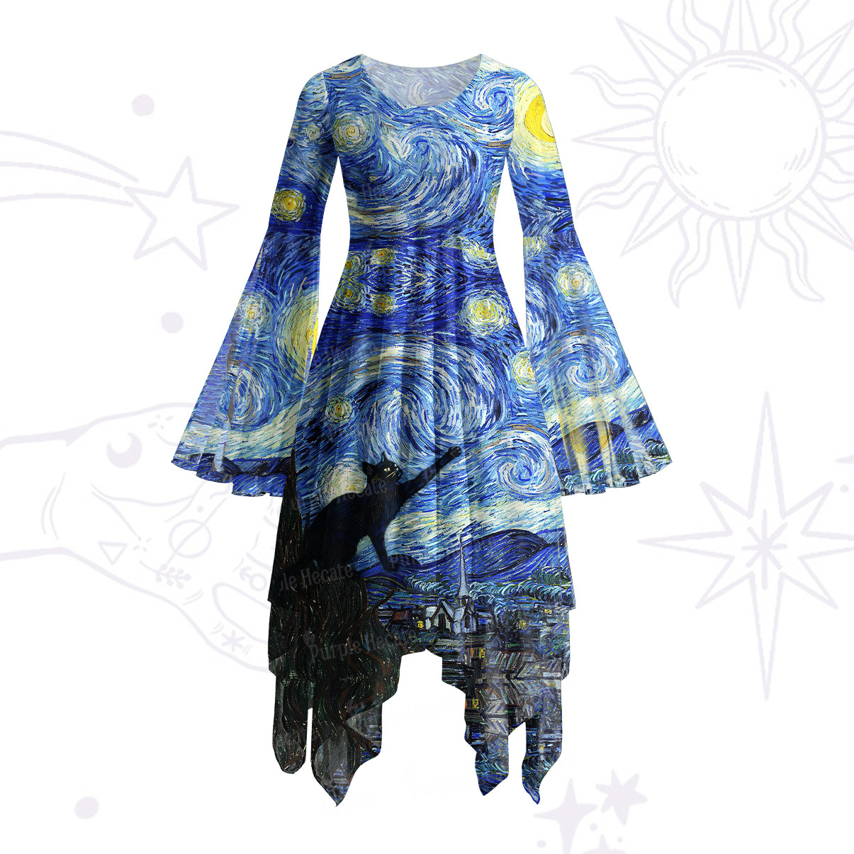 Purplehecate Witch Cat Under the Starry Night Bell Sleeve Dress