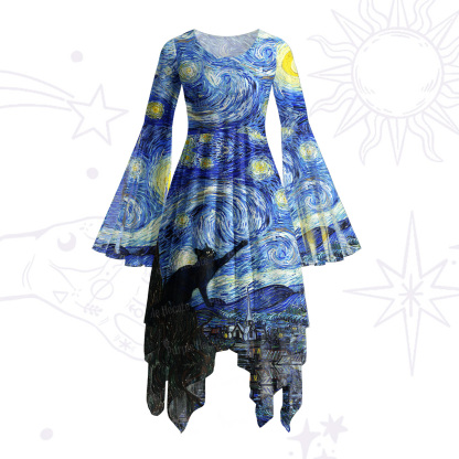 Purplehecate Witch Cat Under the Starry Night Bell Sleeve Dress