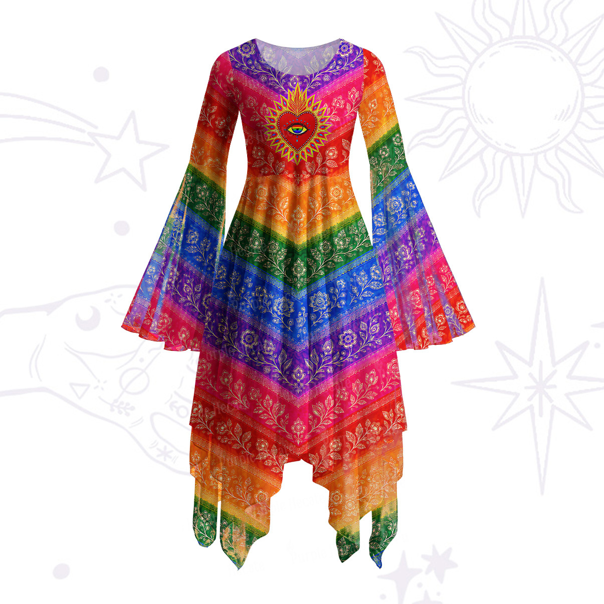Purplehecate Rainbow Striped Sacred Heart Bell Sleeve Dress