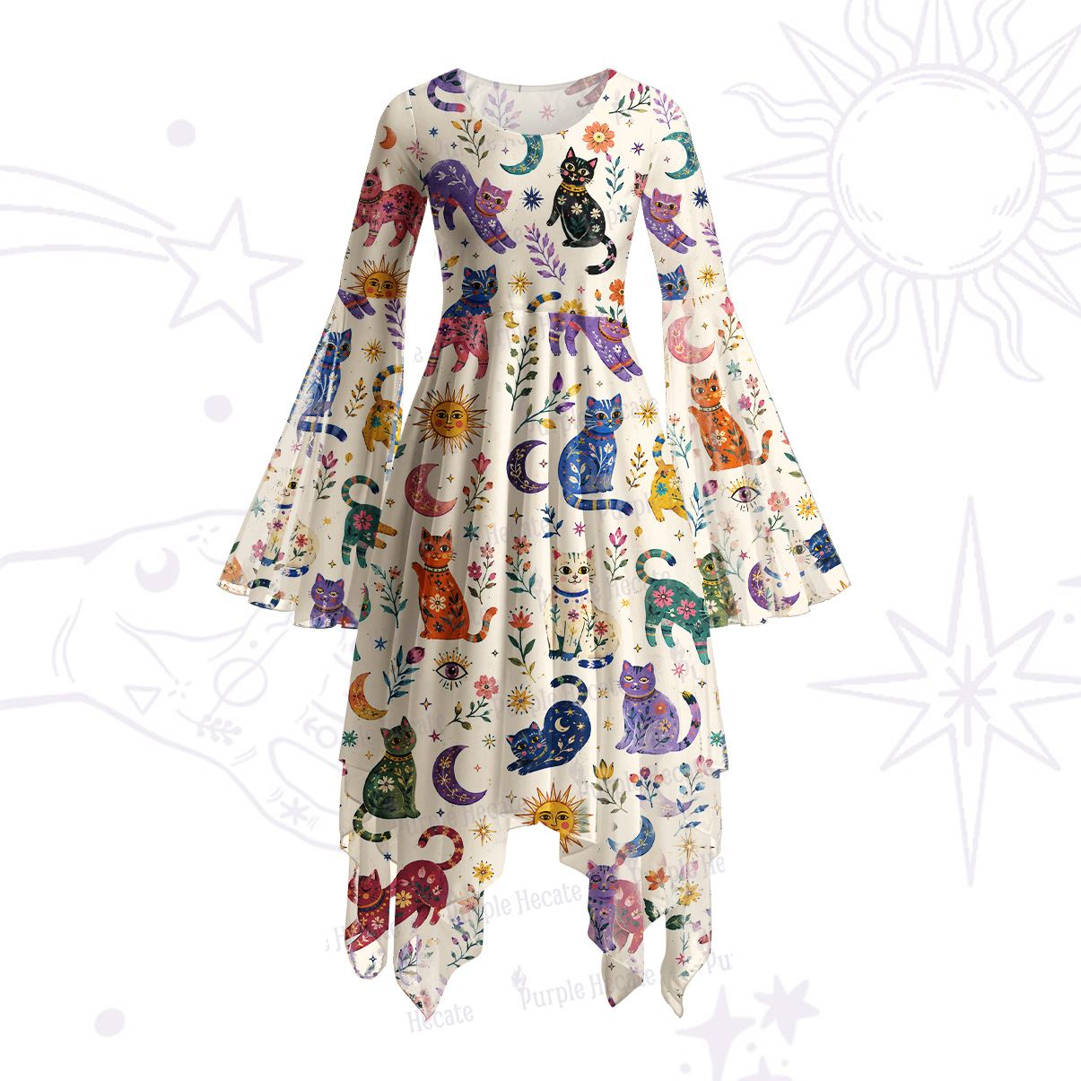 Purplehecate Rainbow Magic Cats Bell Sleeve Dress