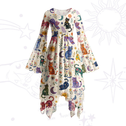 Purplehecate Rainbow Magic Cats Bell Sleeve Dress