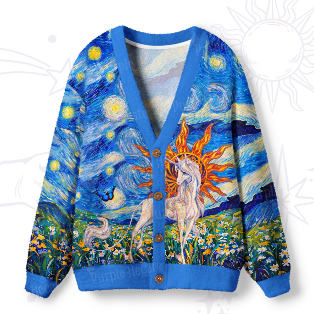 Purplehecate Starry Night Sun Unicorn Fantasy Ugly Cardigan Sweaters