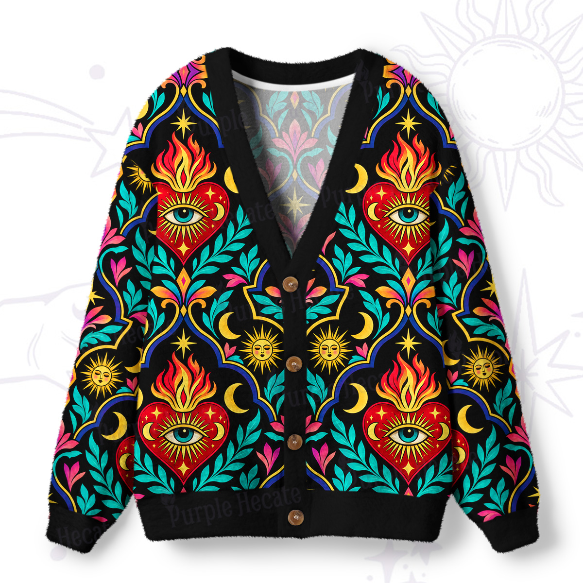 Purplehecate Flaming Sacred Heart Mystic Ugly Cardigan Sweaters