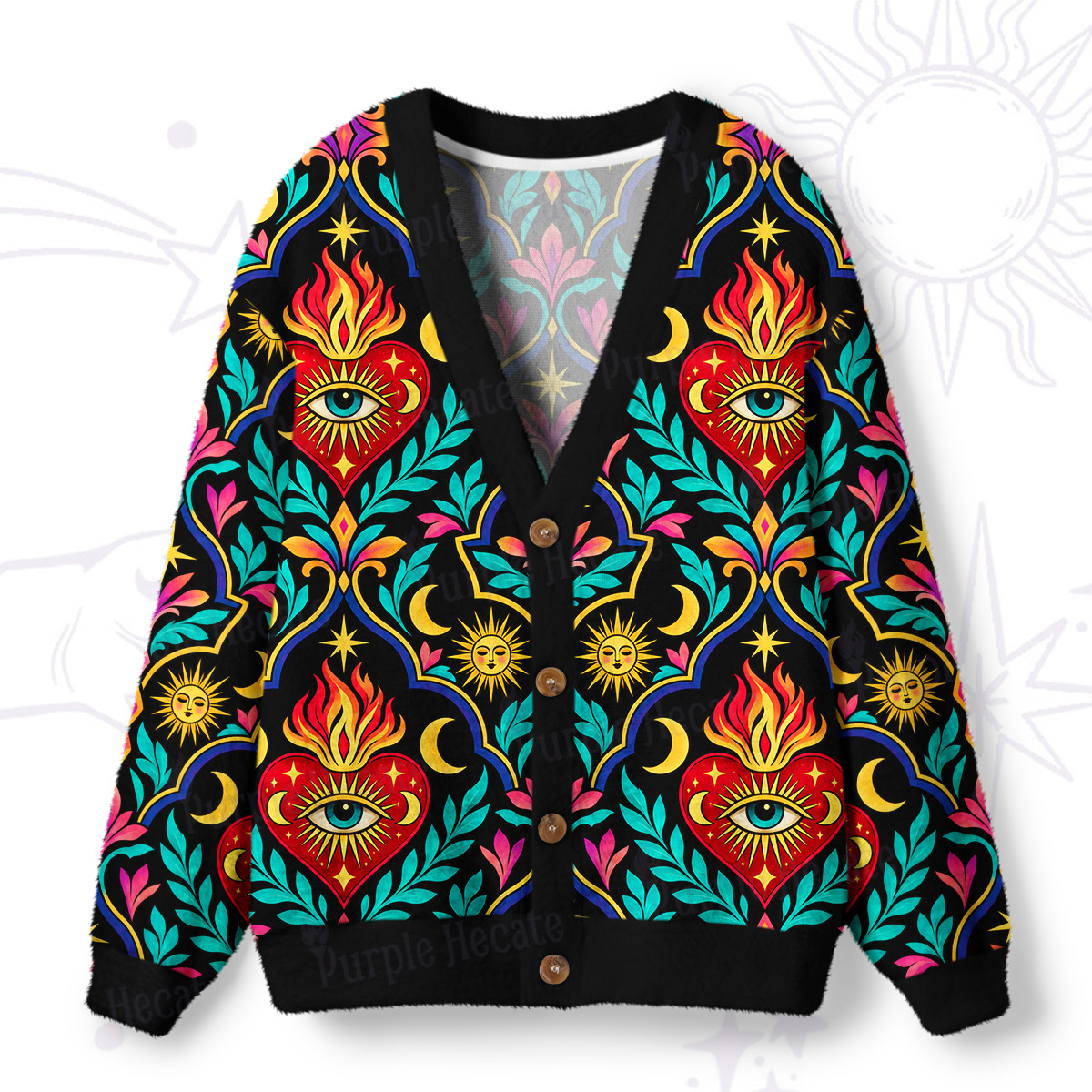 Purplehecate Flaming Sacred Heart Mystic Ugly Cardigan Sweaters