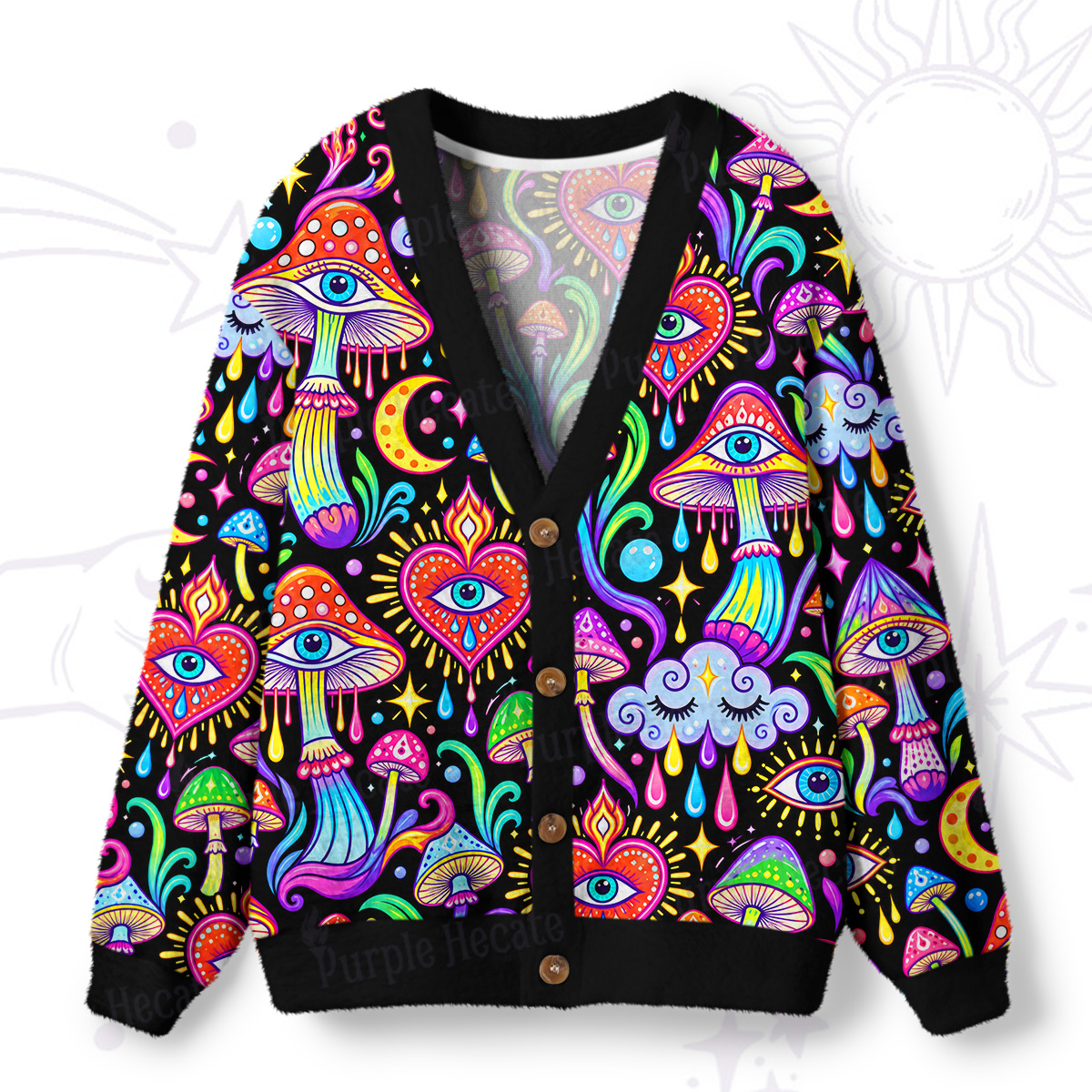 Purplehecate Trippy Vision Mushrooms Ugly Cardigan Sweaters