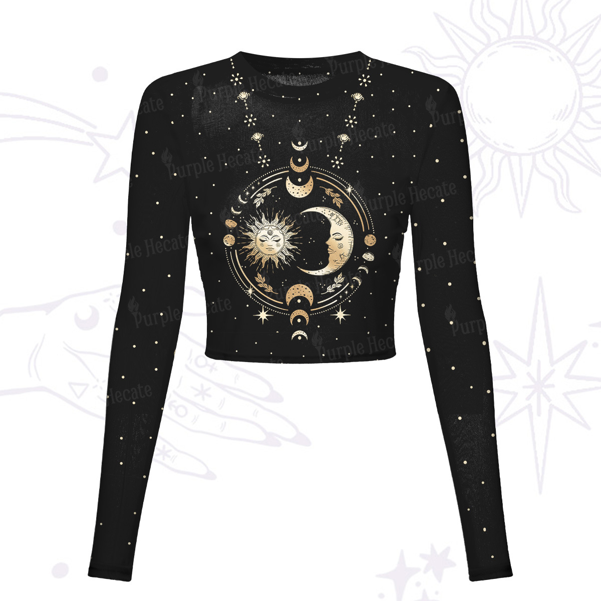 Purplehecate Celestial Sun and Moon Mesh Long Sleeve Crop Top