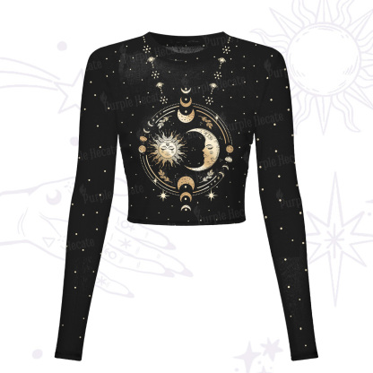Purplehecate Celestial Sun and Moon Mesh Long Sleeve Crop Top