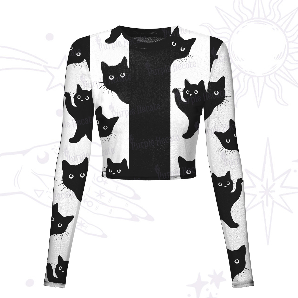 Purplehecate Peekaboo Cats Mesh Long Sleeve Crop Top