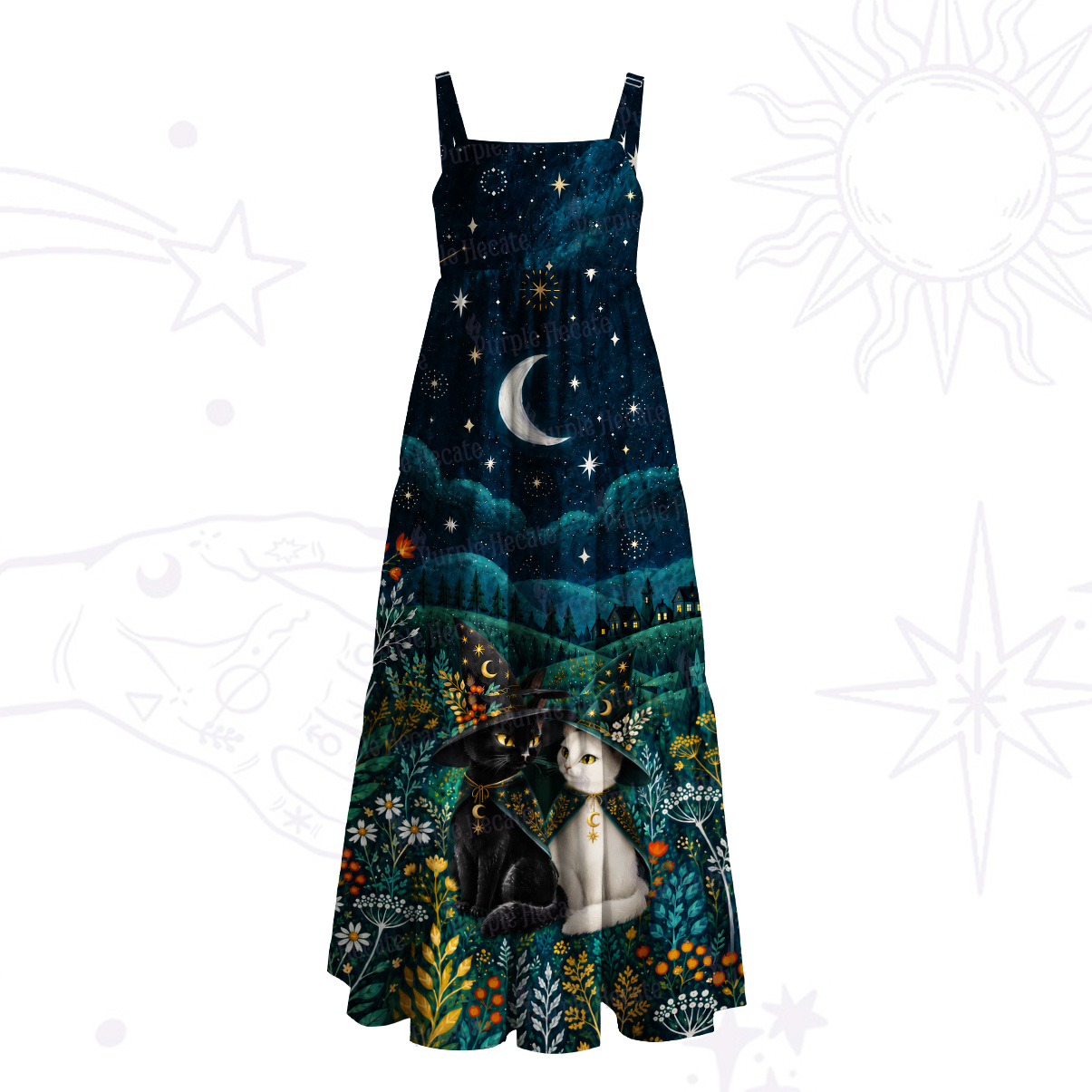 Purplehecate Moonlit Forest Cats Wide Straps Maxi Dress