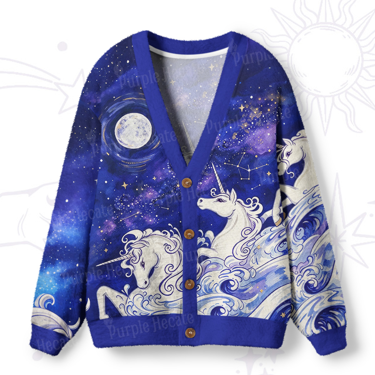 Purplehecate Celestial Sea Unicorn Night Sky Ugly Cardigan Sweaters