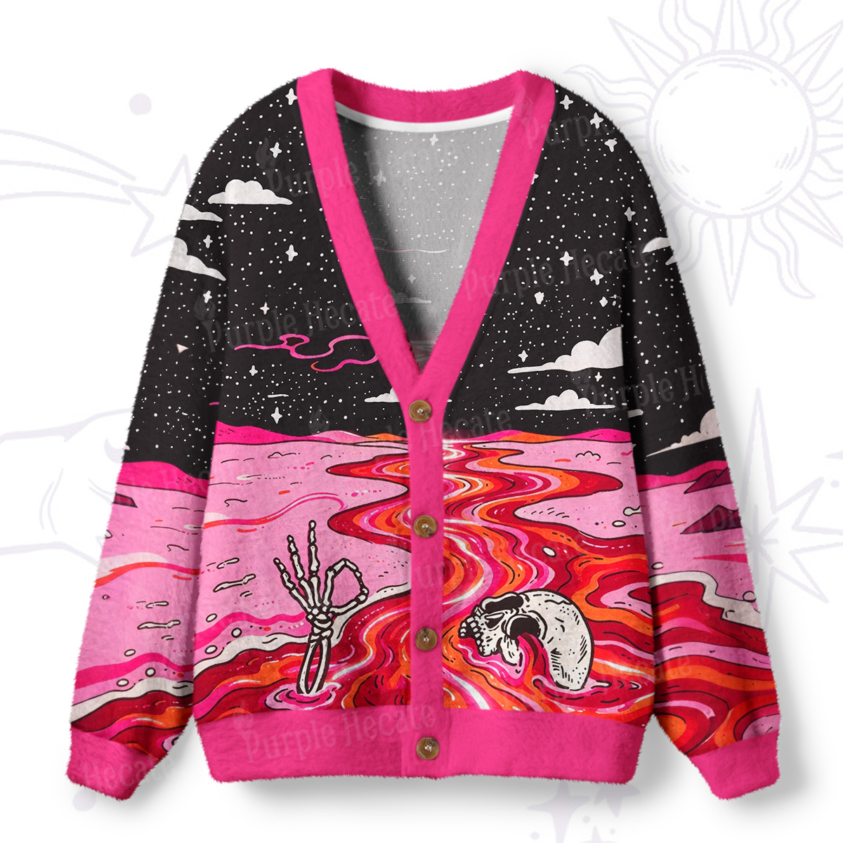 Purplehecate Skull River of the Dead Ugly Cardigan Sweaters