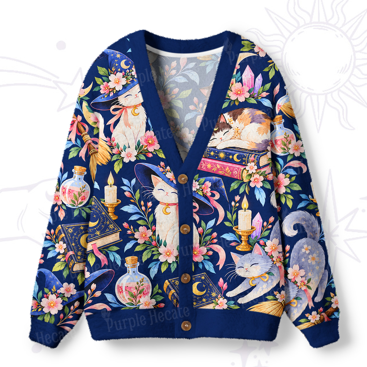 Purplehecate Magic Cats and Spell Books Ugly Cardigan Sweaters