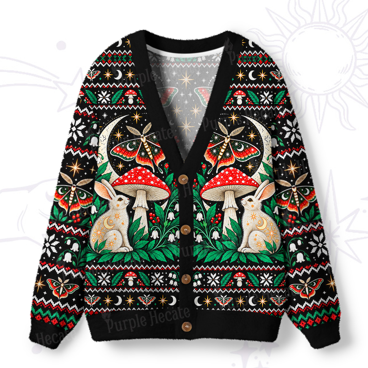 Purplehecate Woodland Moon Rabbits Ugly Cardigan Sweaters