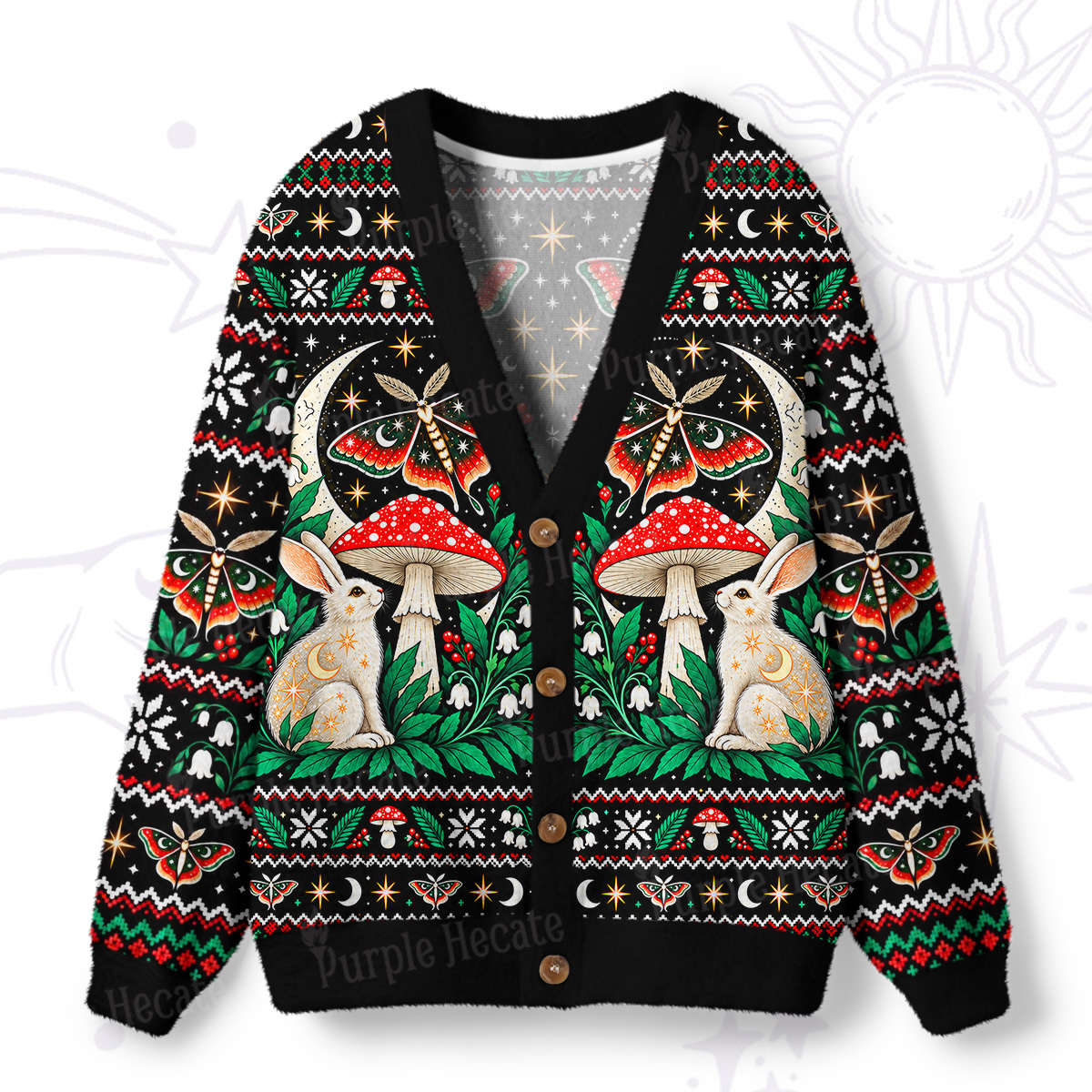 Purplehecate Woodland Moon Rabbits Ugly Cardigan Sweaters