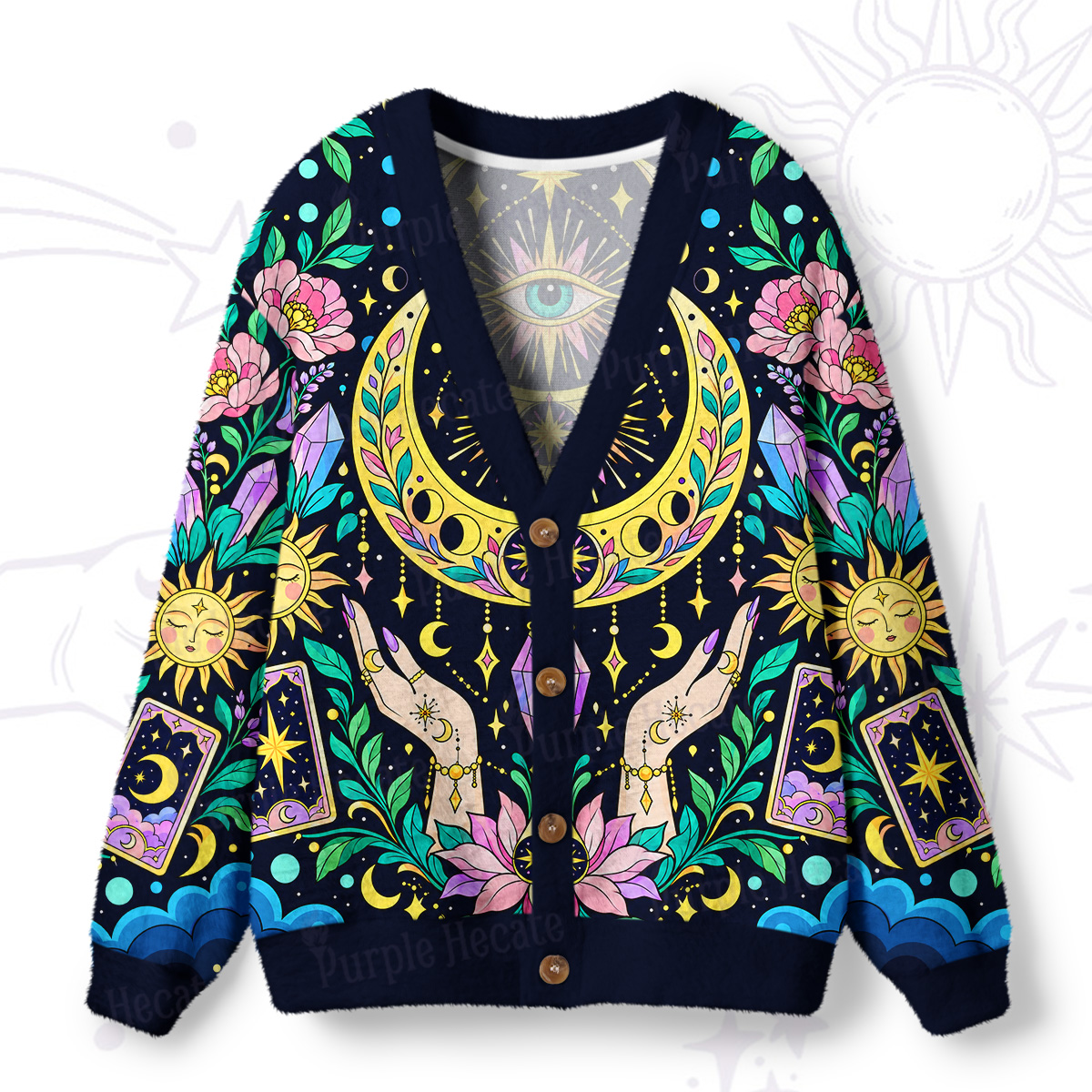 Purplehecate Celestial Tarot Moon Phases Mystic Ugly Cardigan Sweaters