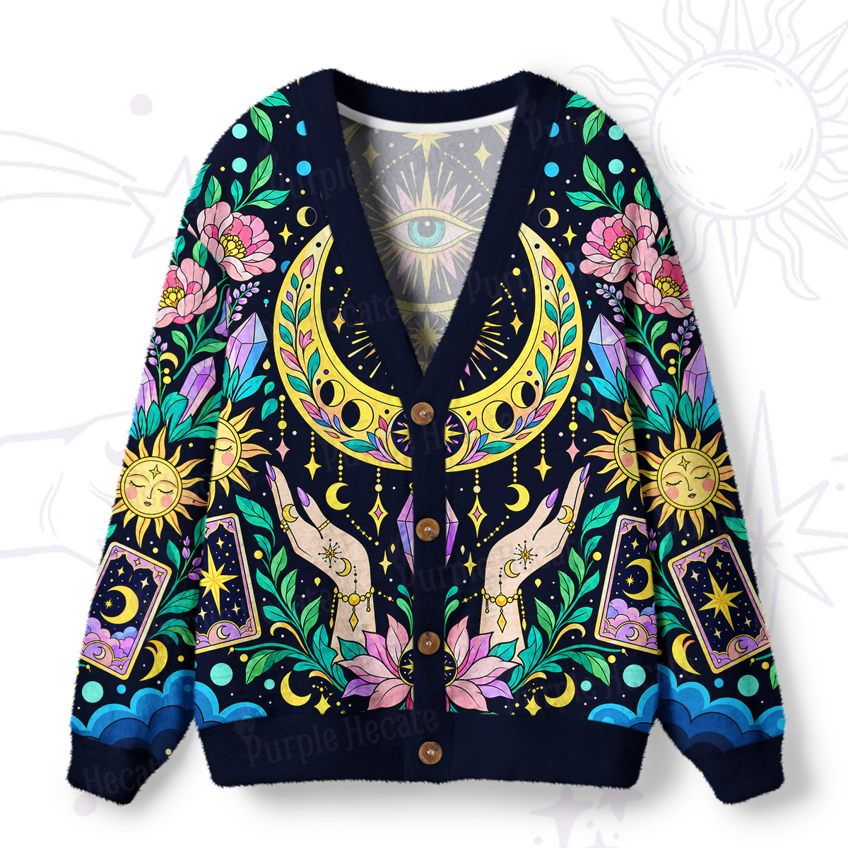 Purplehecate Celestial Tarot Moon Phases Mystic Ugly Cardigan Sweaters