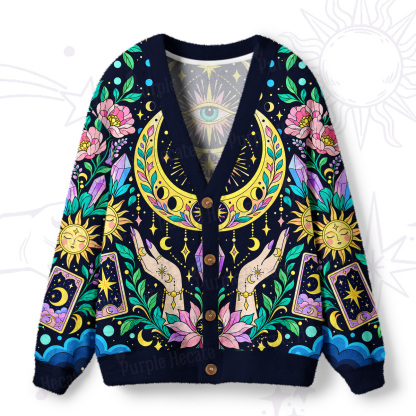 Purplehecate Celestial Tarot Moon Phases Mystic Ugly Cardigan Sweaters