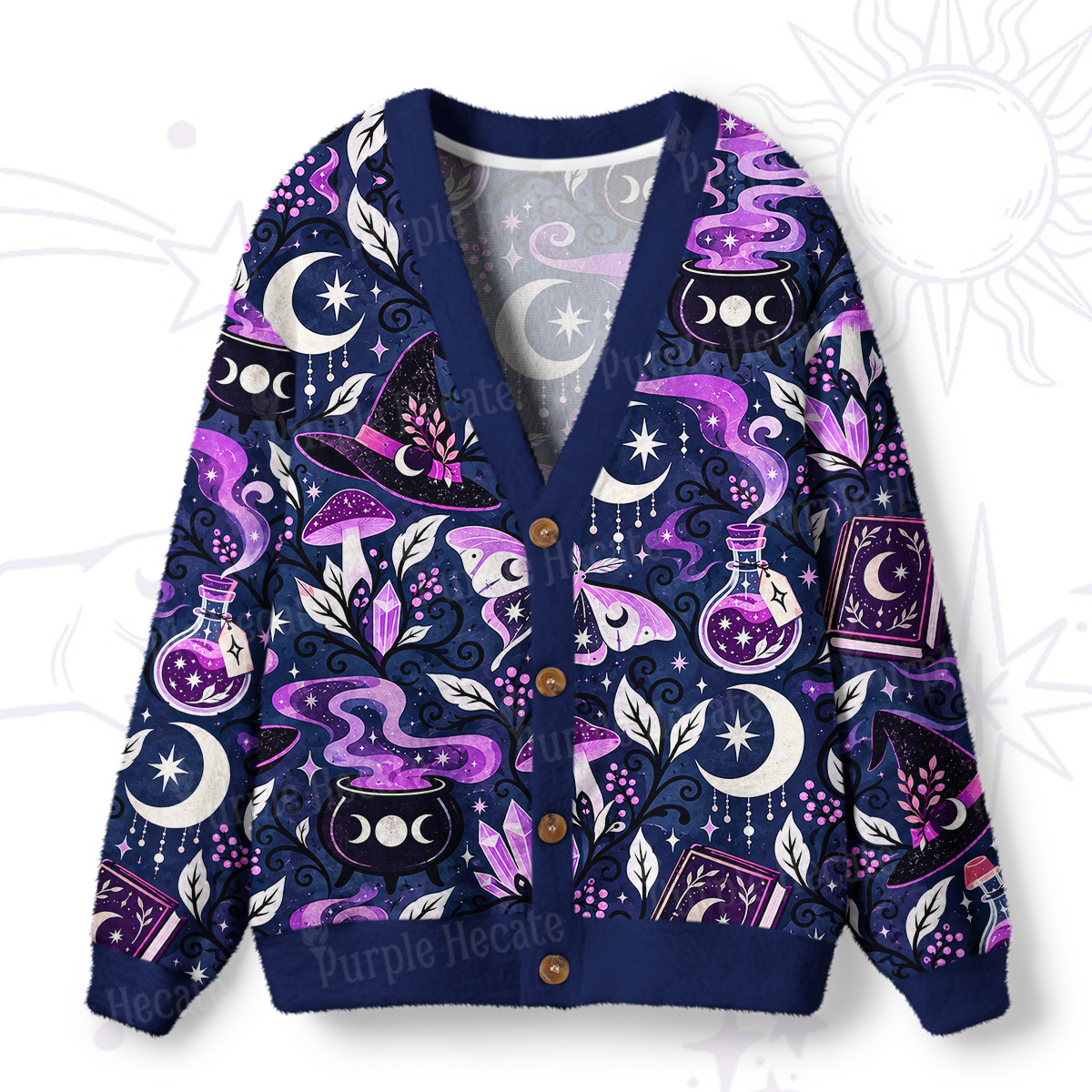 Purplehecate Purple Potion Witch Night Magic Ugly Cardigan Sweaters