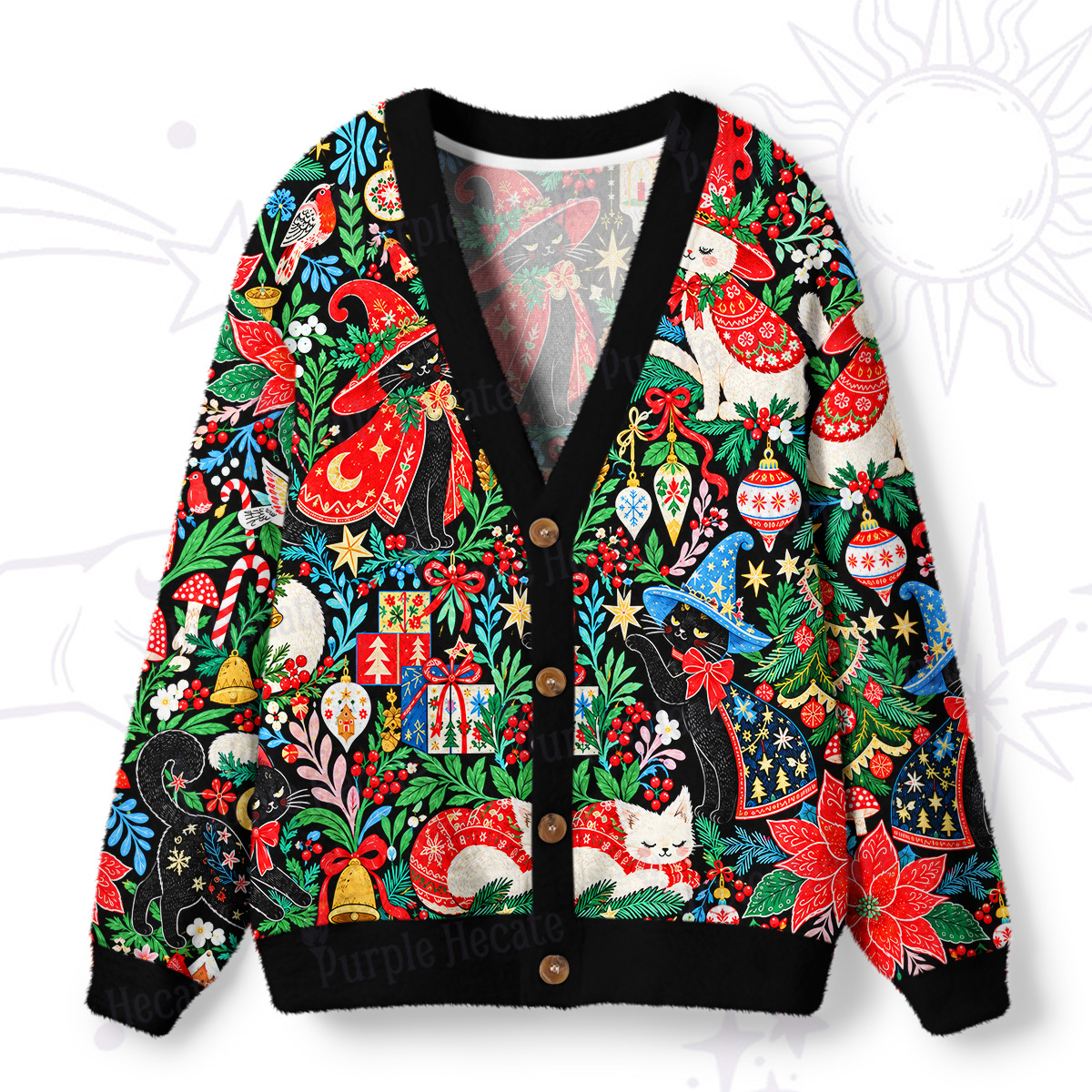 Purplehecate Enchanted Forest Christmas Gift Cats Ugly Cardigan Sweaters