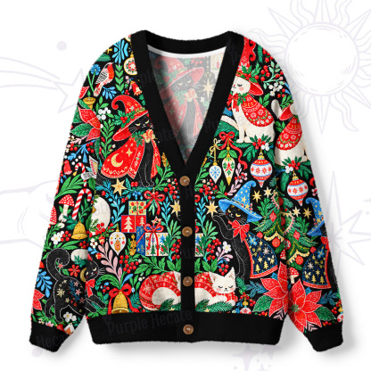 Purplehecate Enchanted Forest Christmas Gift Cats Ugly Cardigan Sweaters