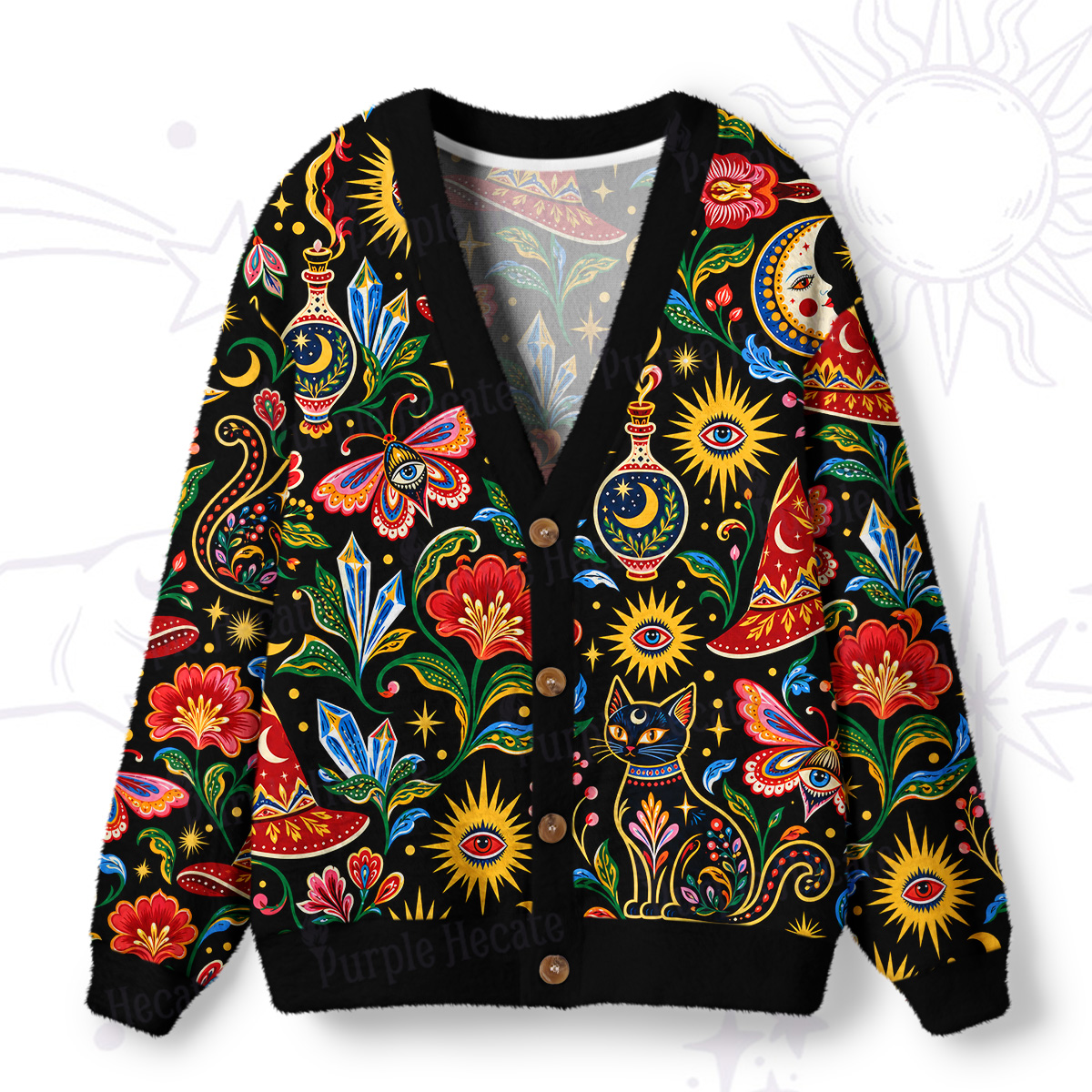 Purplehecate Sunburst Florals and Cats Ugly Cardigan Sweaters