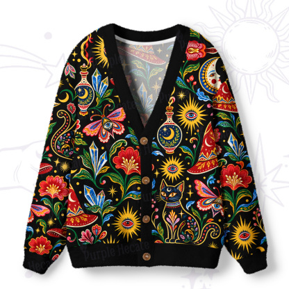 Purplehecate Sunburst Florals and Cats Ugly Cardigan Sweaters