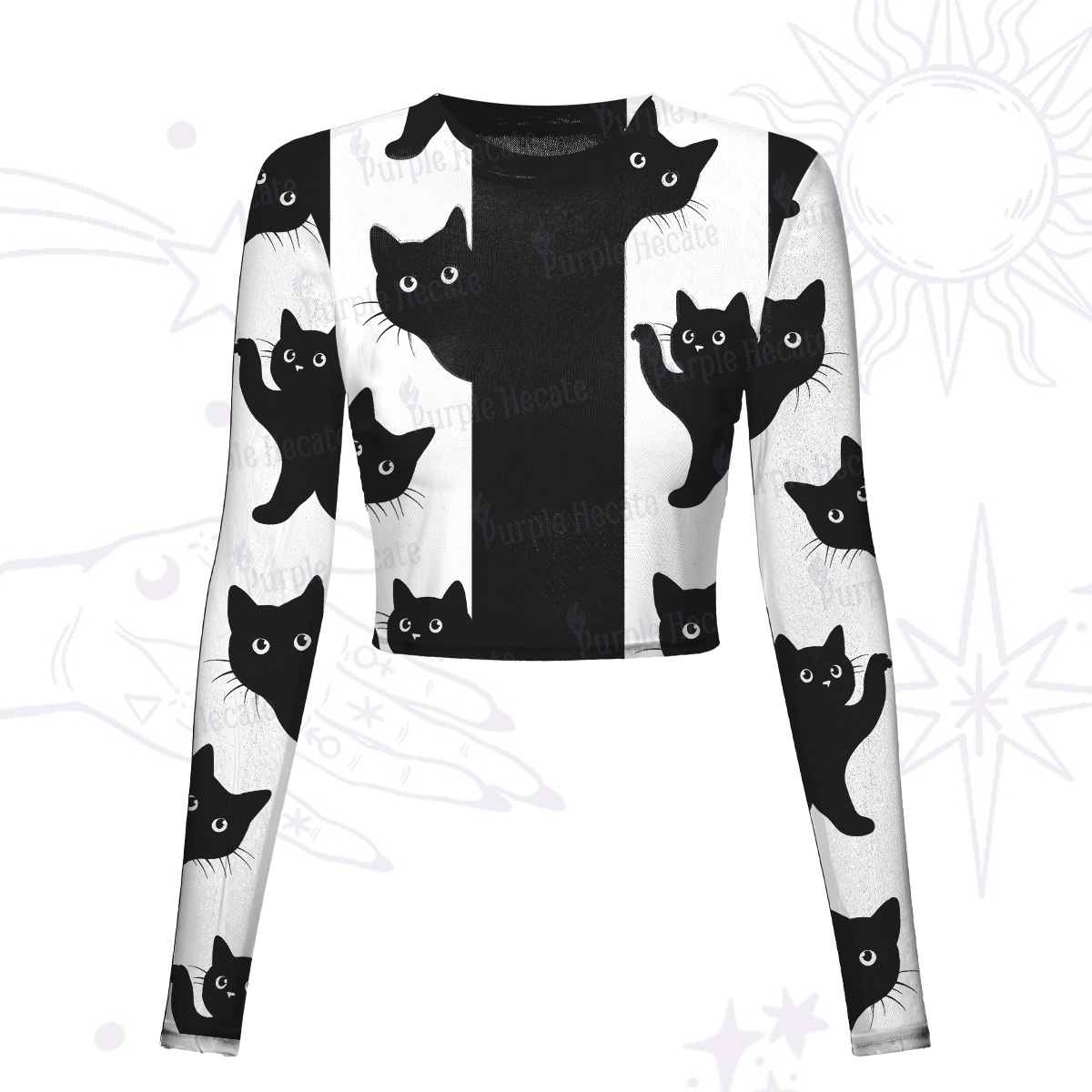 Purplehecate Peekaboo Cats Mesh Long Sleeve Crop Top