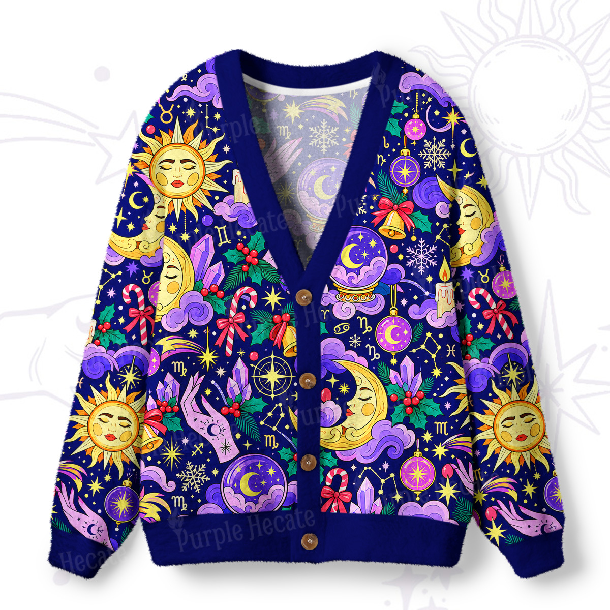 Purplehecate Cosmic Sun & Moon Dream Ugly Cardigan Sweaters