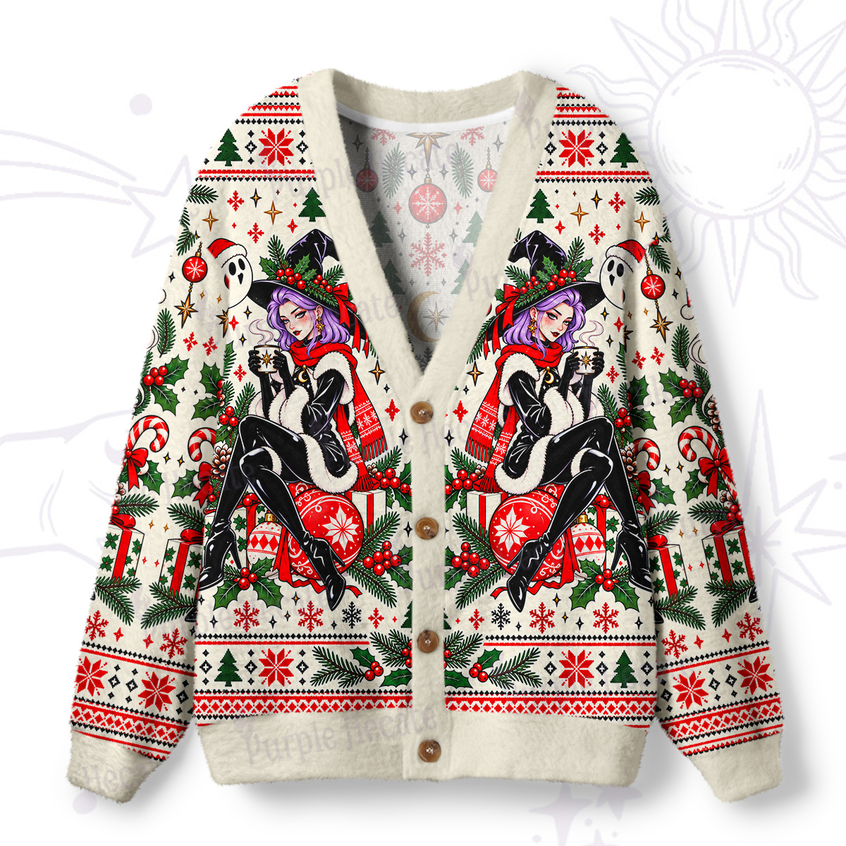Purplehecate  Christmas Magic Girl Ugly Cardigan Sweaters