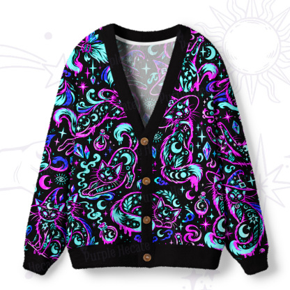 Purplehecate Neon Celestial Magic Black Cat Ugly Cardigan Sweaters