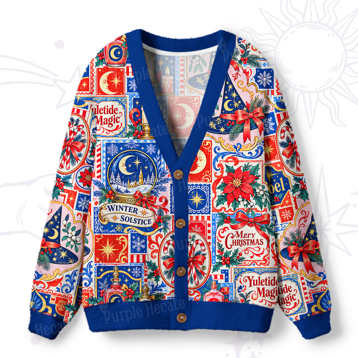 Purplehecate Christmas Postage Collage Magic Ugly Cardigan Sweaters