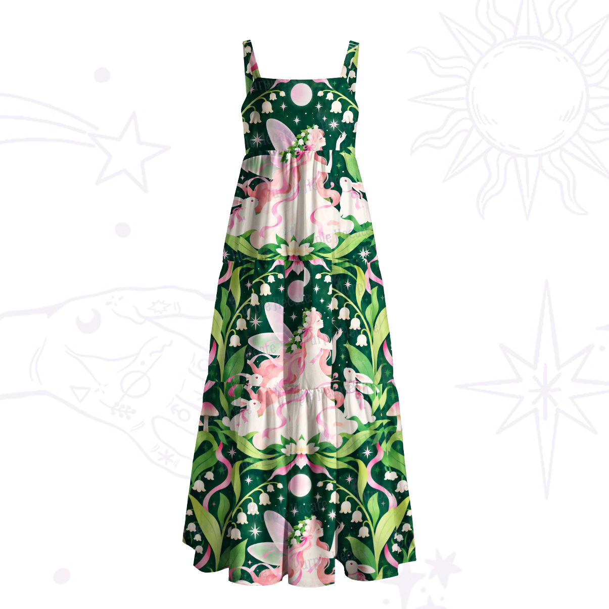 Purplehecate Enchanted Forest Lily of the Valley Fairy Wide Straps Maxi Dress