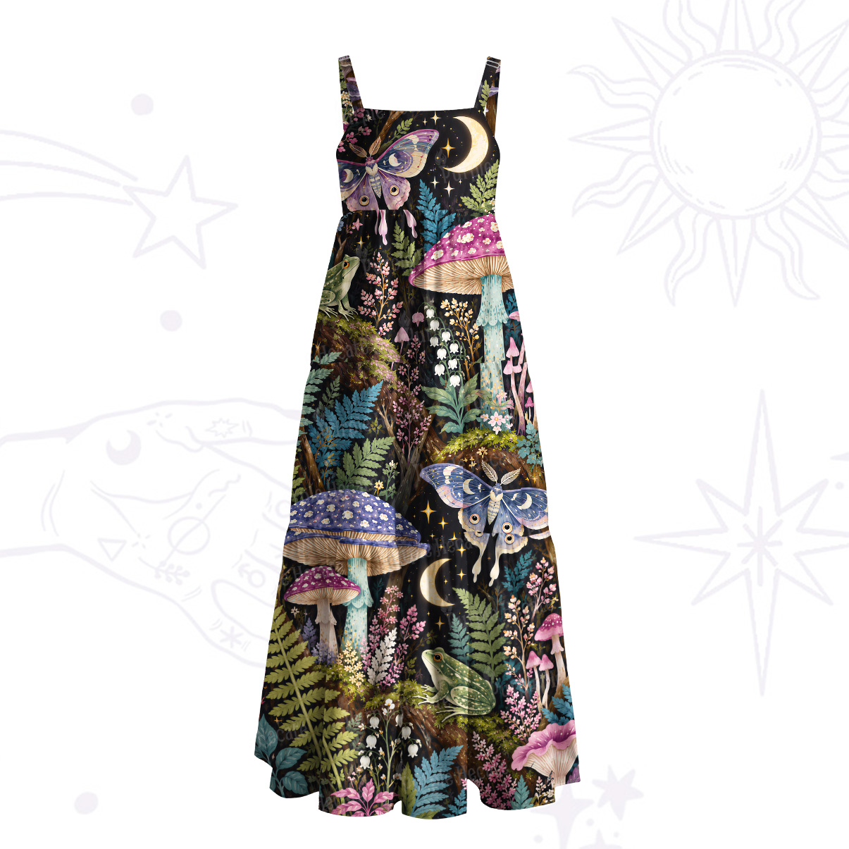Purplehecate Enchanted Mushroom Grove Under the Moon Wide Straps Maxi Dress