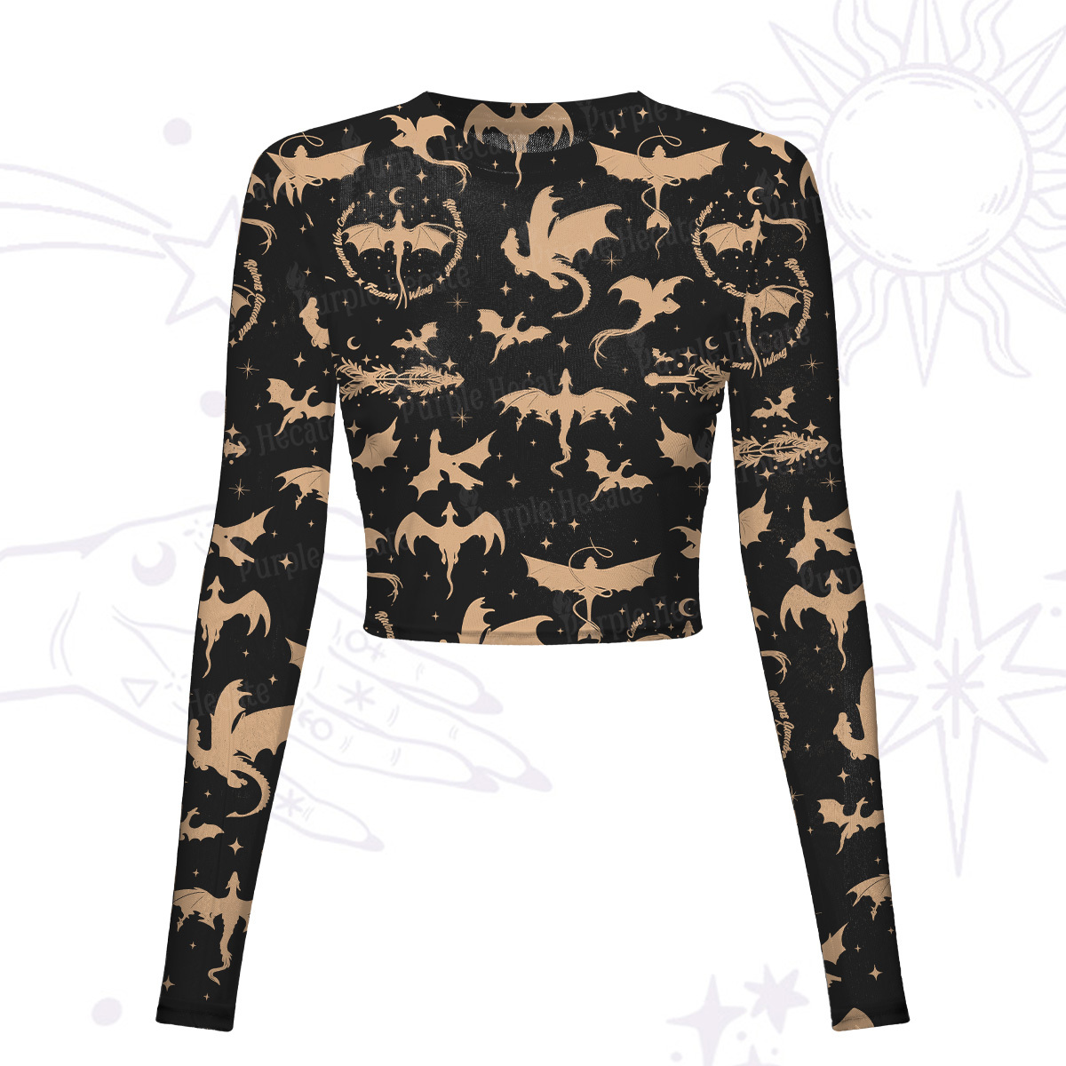 Purplehecate Fantasy Dragon Allover Mesh Long Sleeve Crop Top