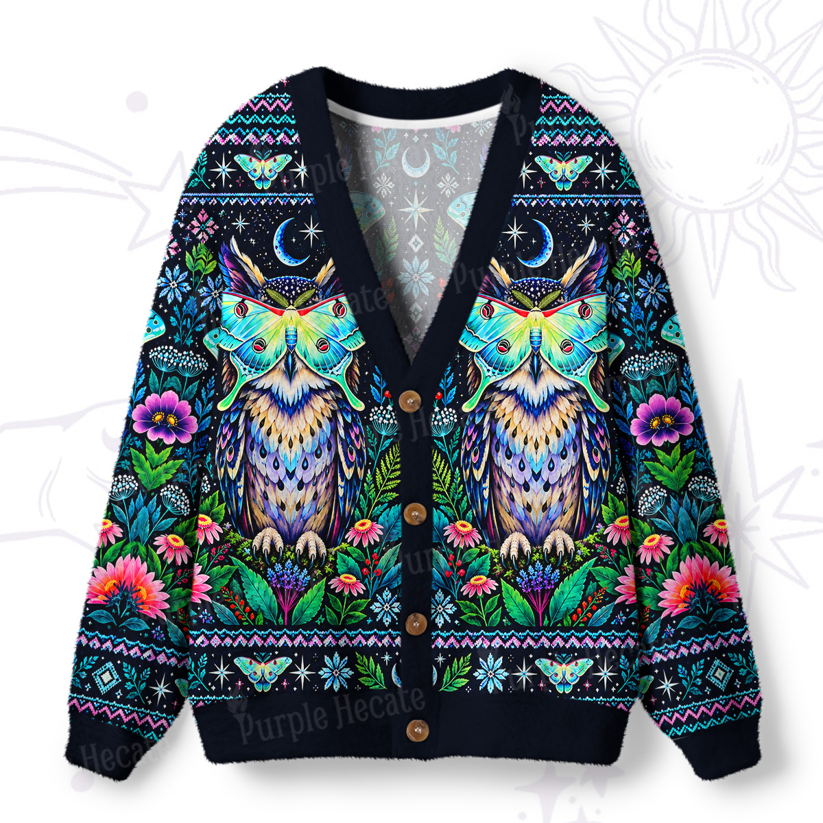 Purplehecate Moonlit Mystic Owl & Butterfly Ugly Cardigan Sweaters
