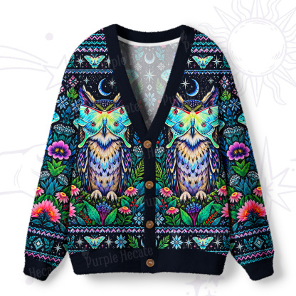 Purplehecate Moonlit Mystic Owl & Butterfly Ugly Cardigan Sweaters