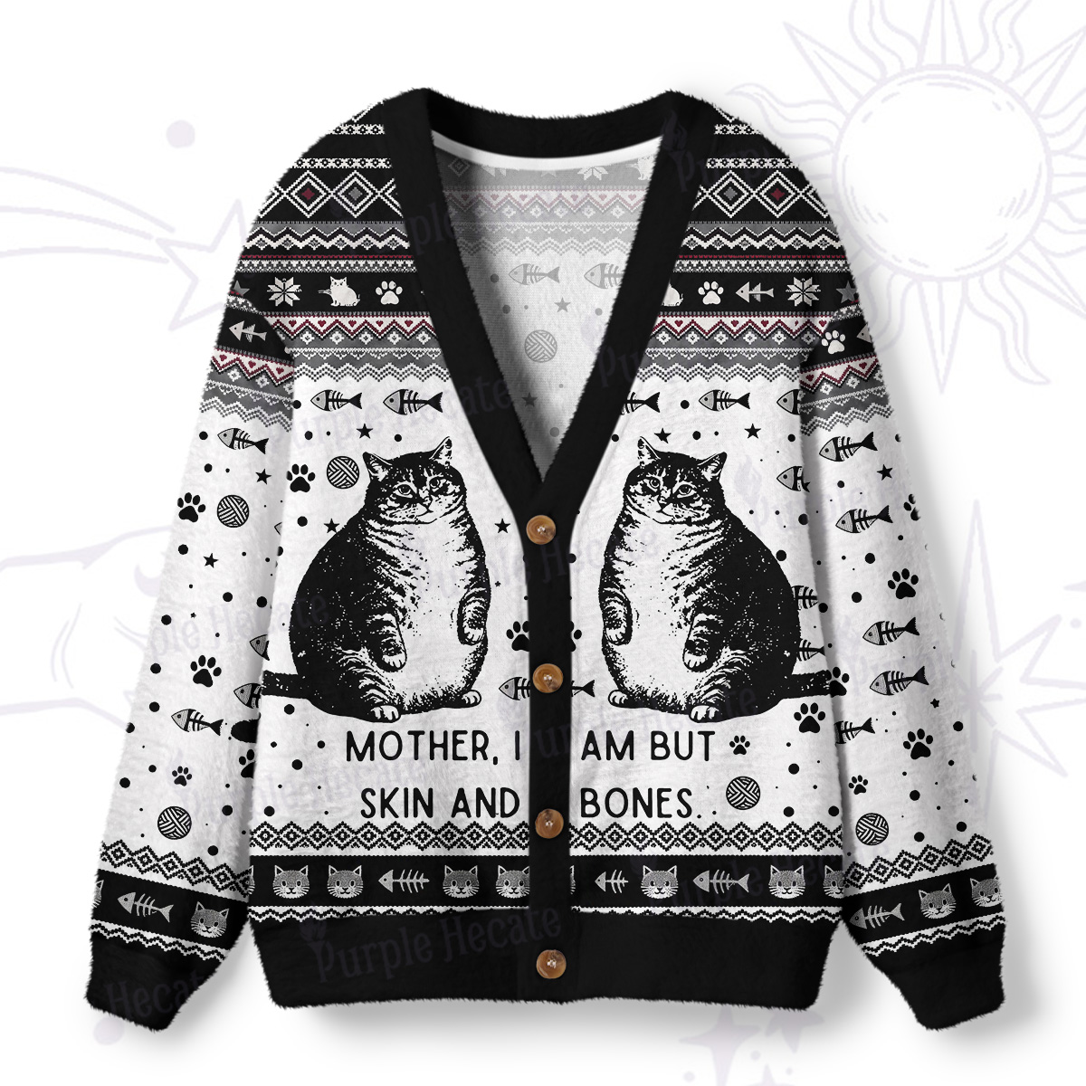 Purplehecate Cat Mother I Am But Skin And Bones Ugly Cardigan Sweaters