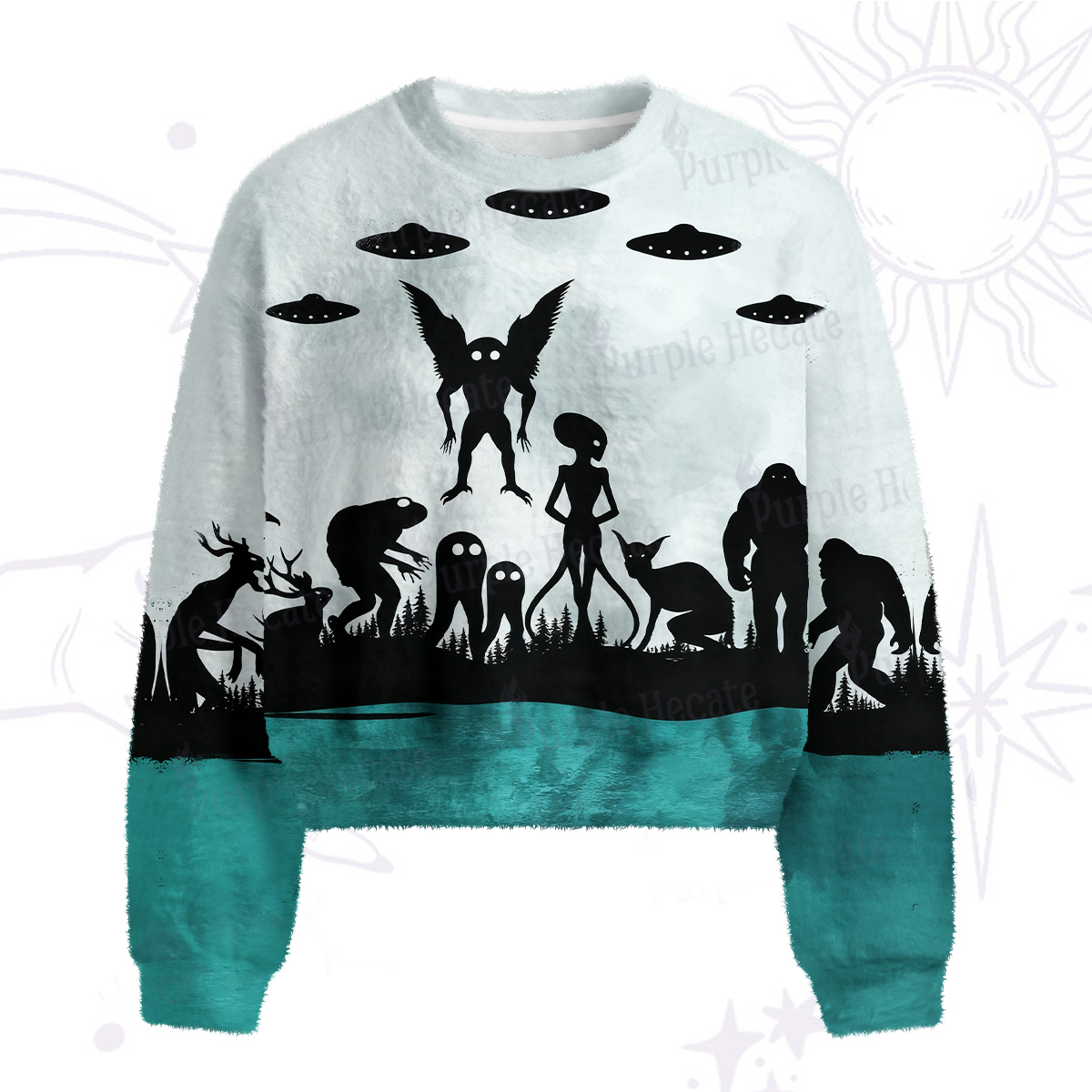 Purplehecate Alien Lake Monster Encounter Fuzzy Crewneck Sweater