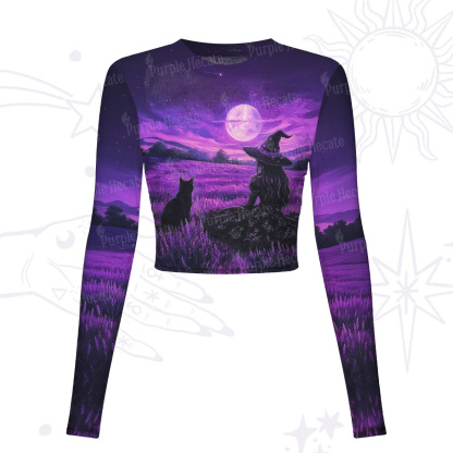 Purplehecate Dreamy Purple Witch and Black Cat Mesh Long Sleeve Crop Top