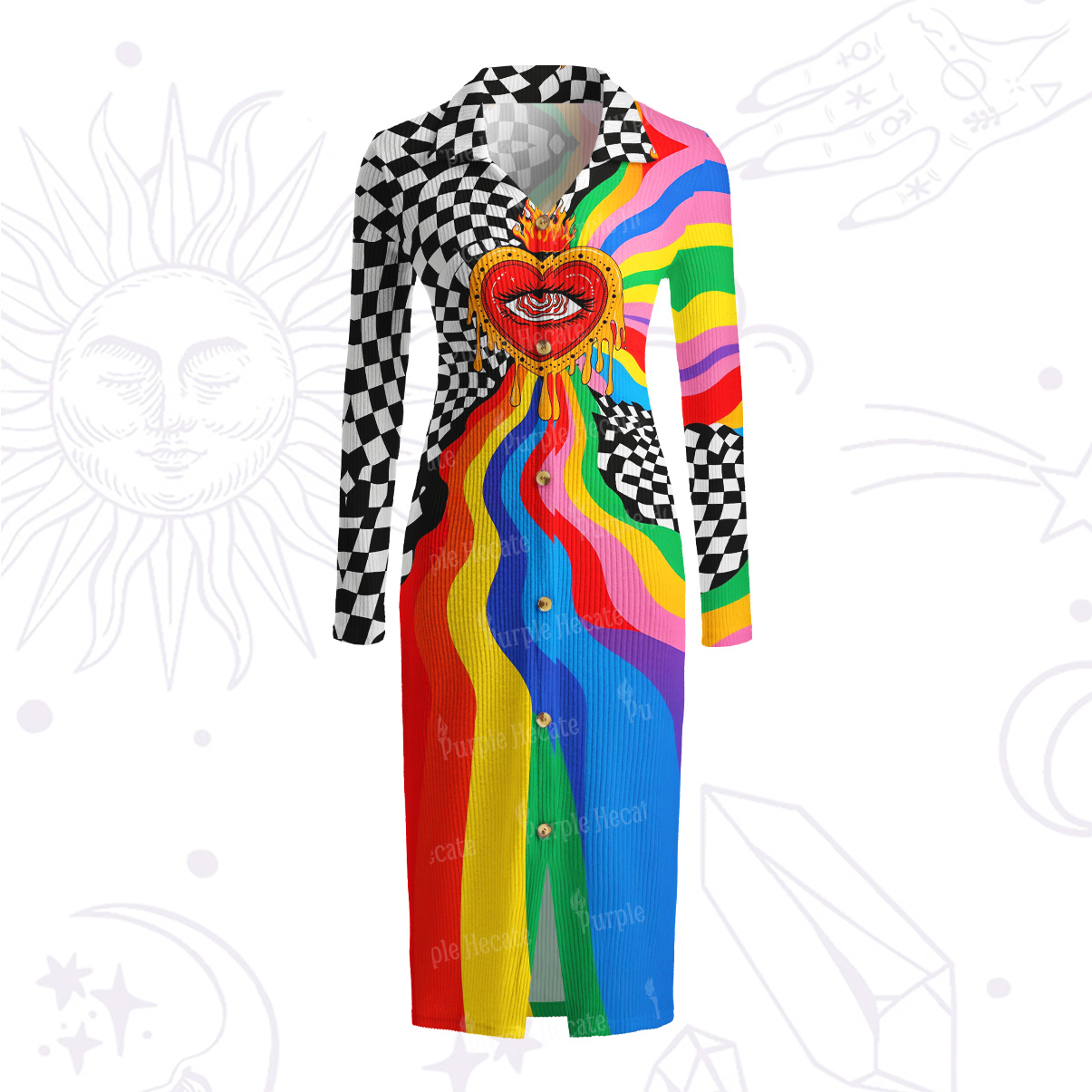 Purplehecate Trippy Rainbow Heart Eye Ribbed Knit Dress